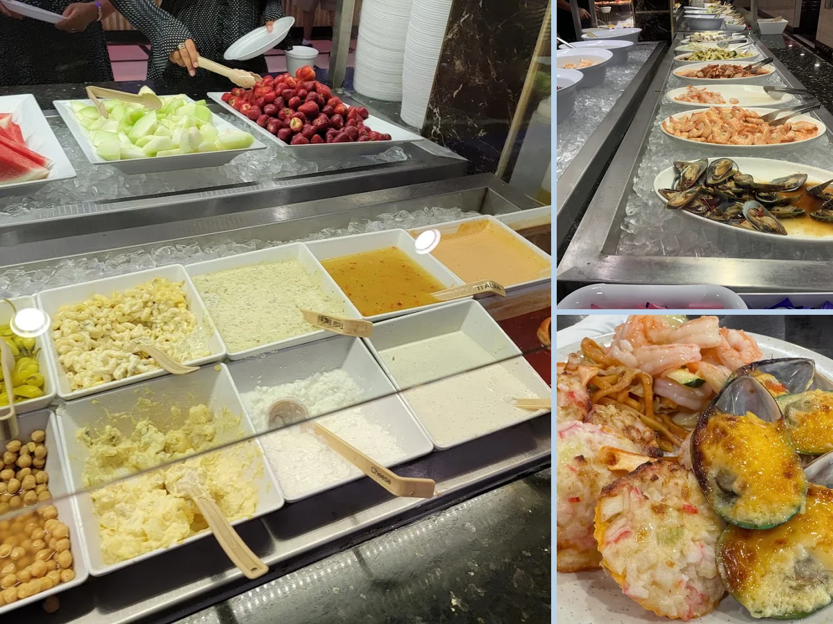 Buffet trays with seafood and sushi selections.