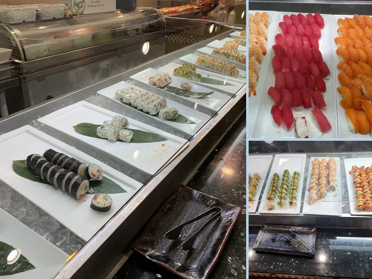 Warm buffet counter with meats and salads.