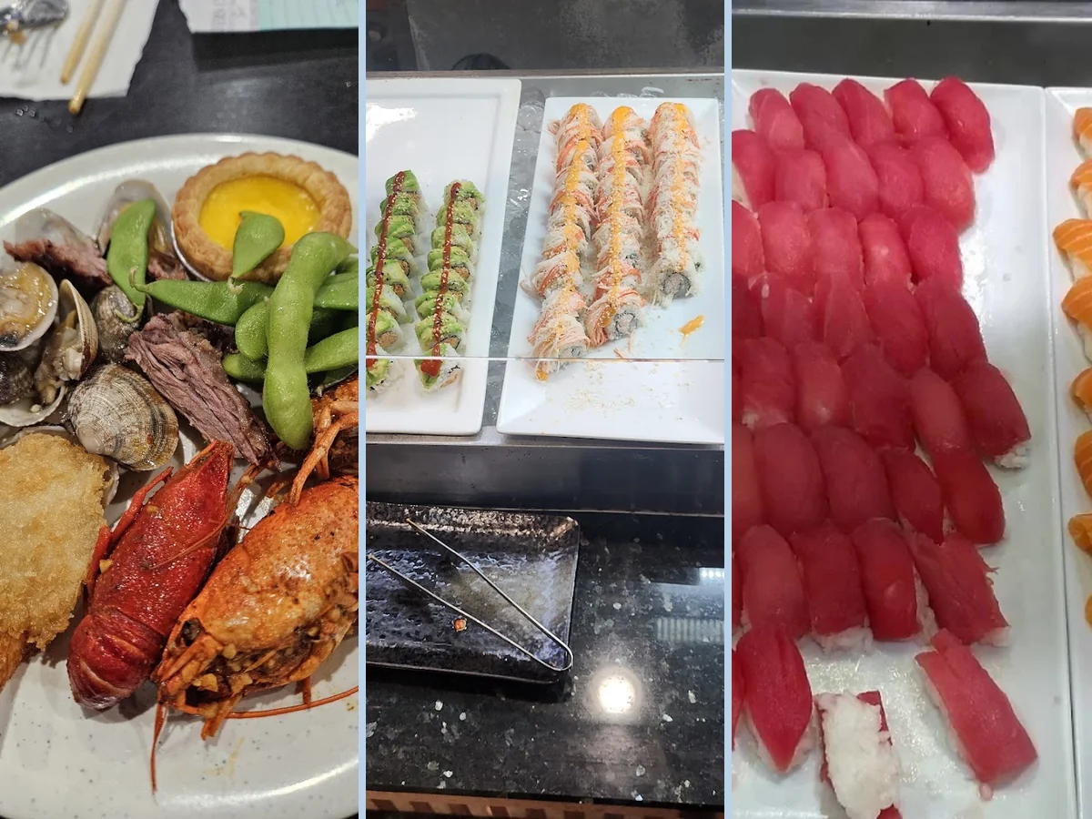 Warm buffet counter with meats and salads.