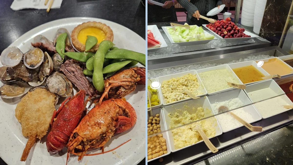Buffet trays with seafood and sushi selections.